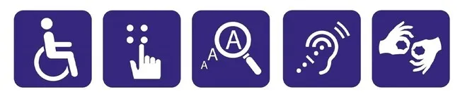 Symboles de l'accessibilité : vue, mobilité, touché
